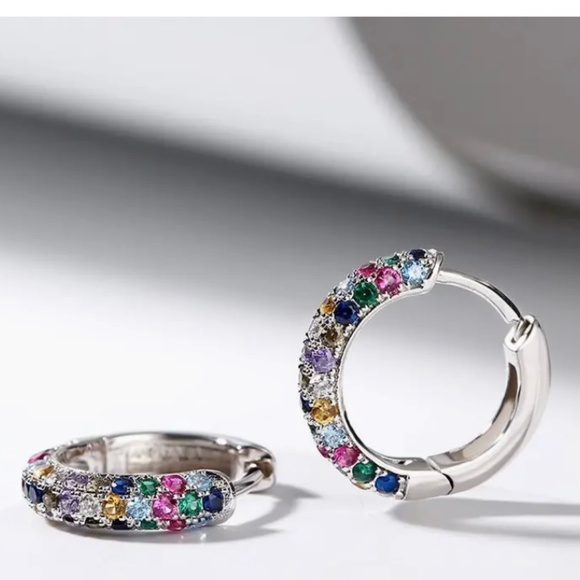 Silver Plated Mini Hoop Earrings Sparkling colorful Zircon Gem - Picture 3 of 10